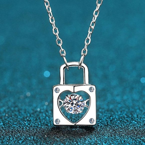 Certified 1/3 ct. t.w. Moissanite Diamond Dancing Heart Lock Necklace NEW - Picture 1 of 9